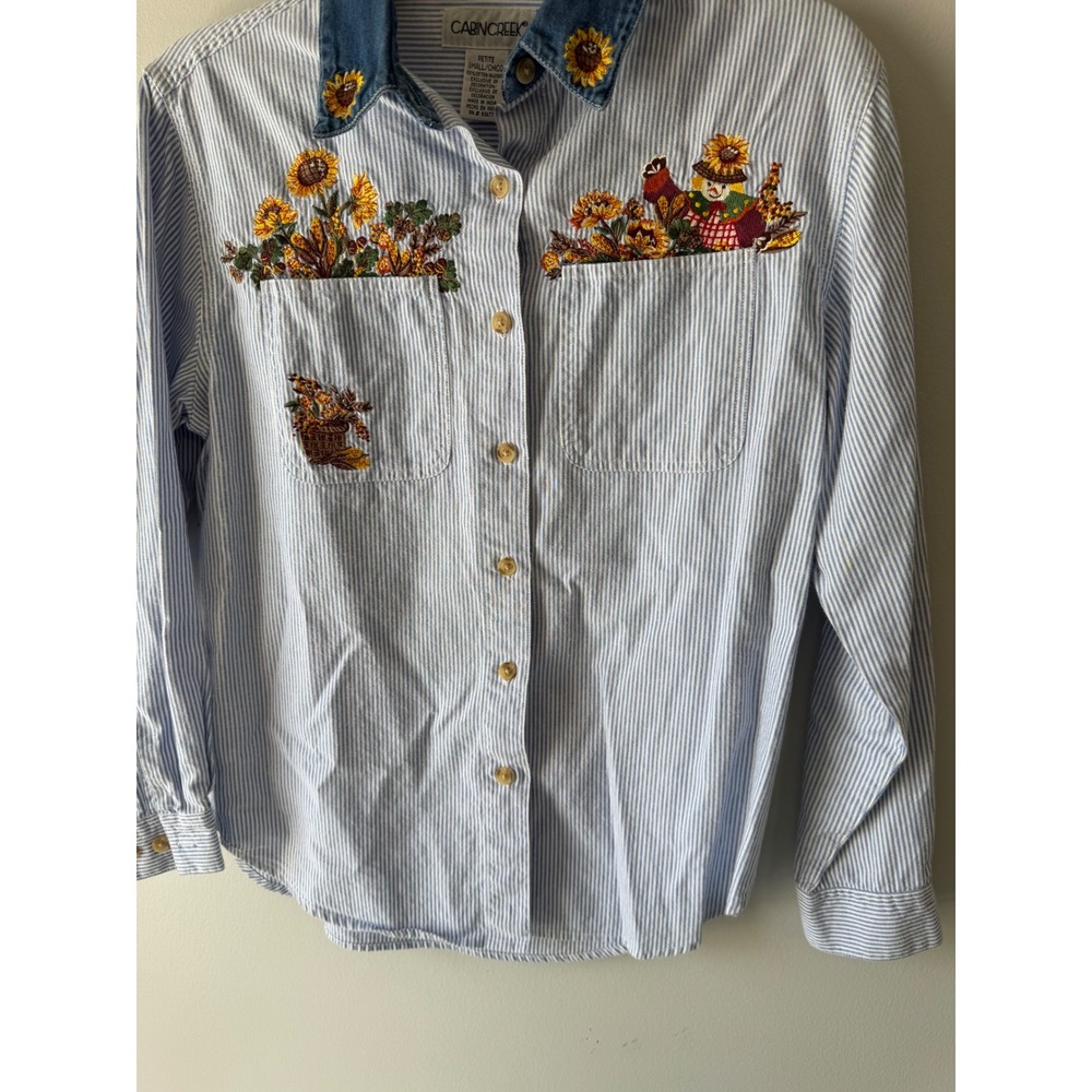 Cabin Creek Woman's Small Blue White Striped Sunflower Fall Embroidered Shirt - Picture 4 of 10
